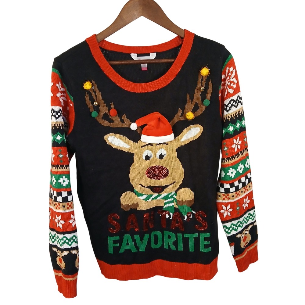 No Boundaries Womens Ugly Christmas Sweater Reindeer Black Red‎ Large 11-13